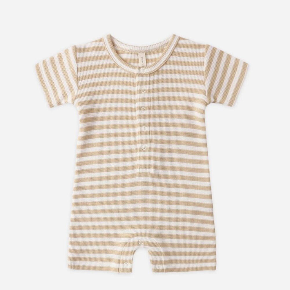Quincy Mae Waffle Snap Romper One-Piece 0-3 Months Newborn Oat Stripe Tan White